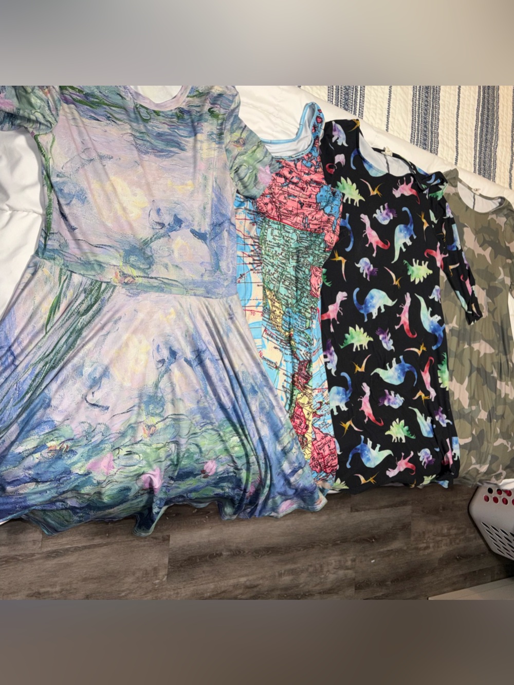 4 Dresses! Bundle of XL Miss Frizzle Style Printed Dress Dinosaurs, Sharks, Maps